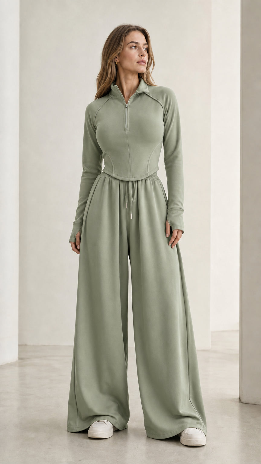 Women's sage green half-zip pullover and wide-leg lounge trousers set