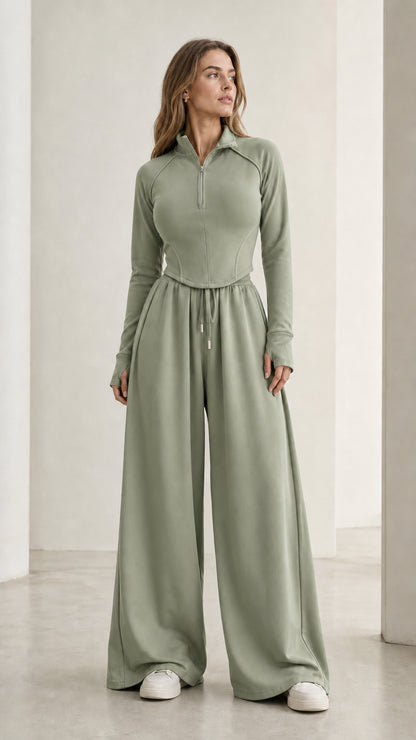 Women's sage green half-zip pullover and wide-leg lounge trousers set