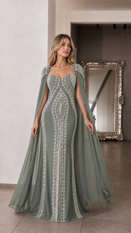 Front view of woman wearing sage green crystal embellished formal gown with cape