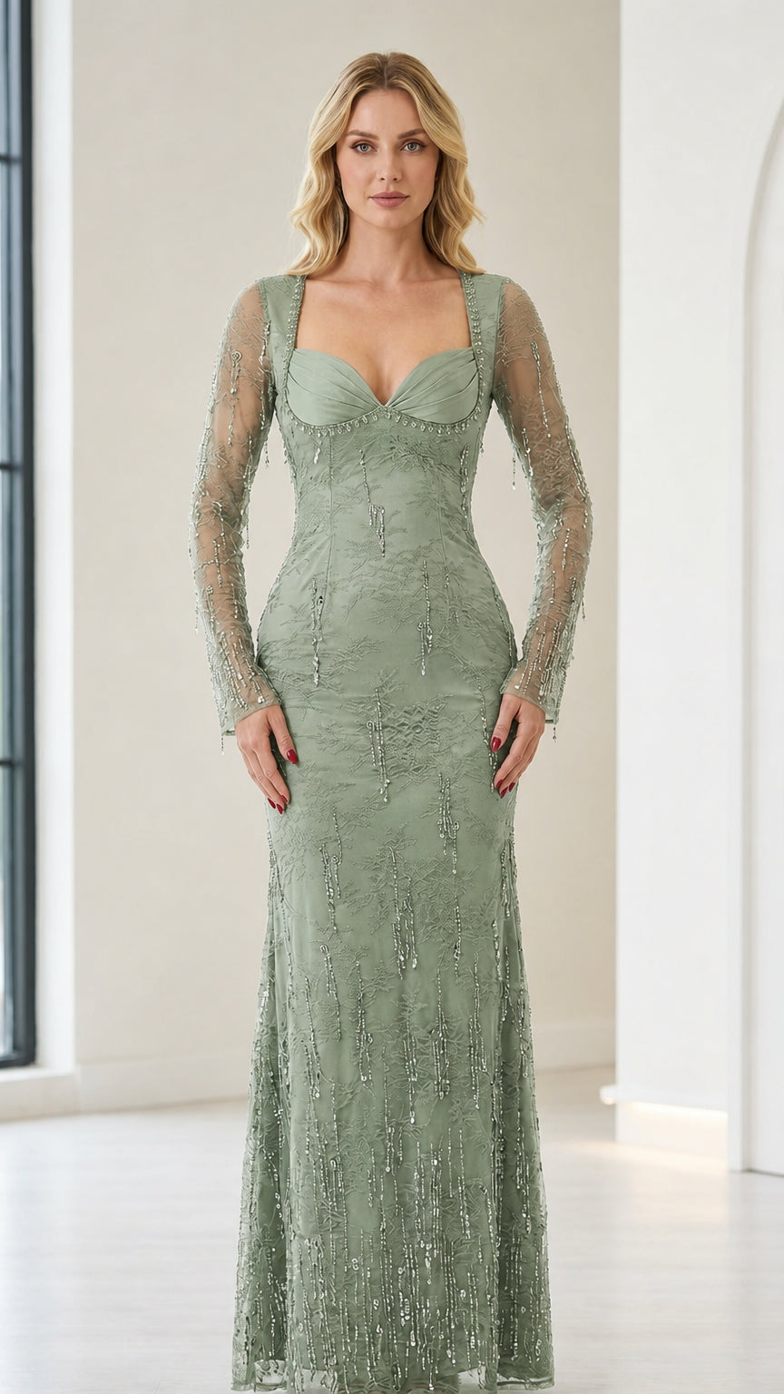 Front view of sage green evening dress