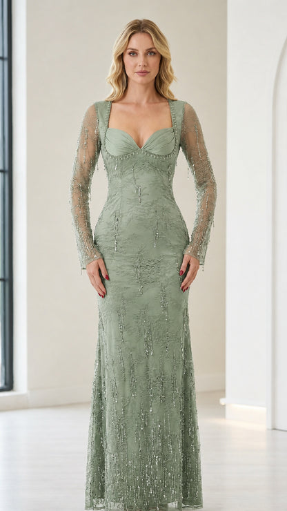 Front view of sage green evening dress