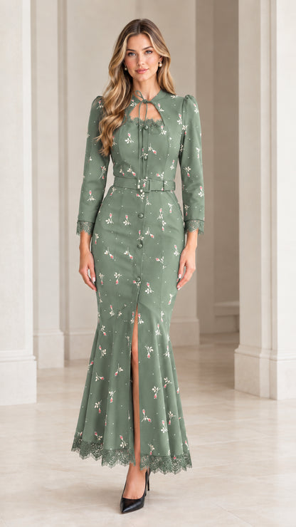 Sage green floral print long sleeve mermaid dress with lace hem and tie neck