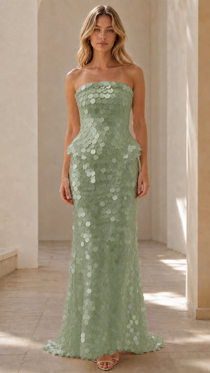 Front view of Sage Green strapless sequin peplum maxi dress