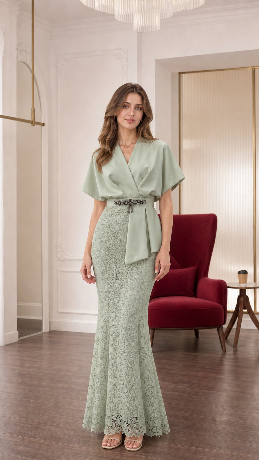 Full front view of sage green draped v-neck lace mermaid evening gown