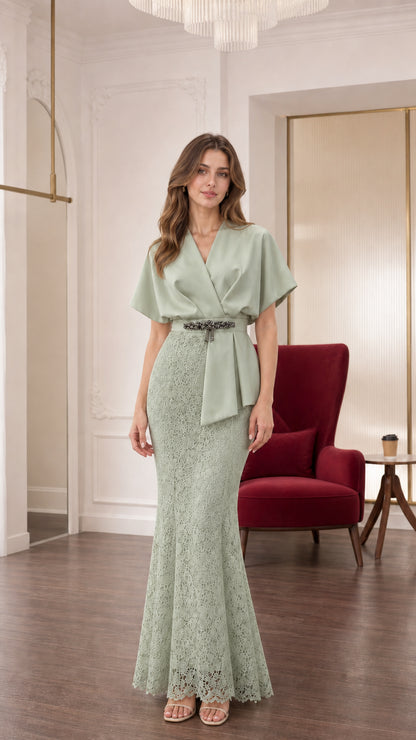 Full front view of sage green draped v-neck lace mermaid evening gown