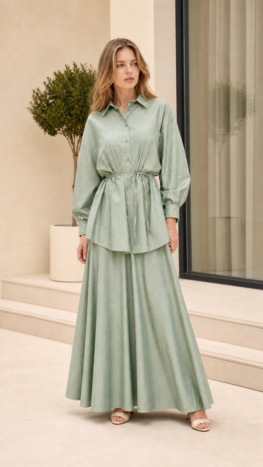 Full-length view of woman wearing Sage Green matching tunic and skirt set