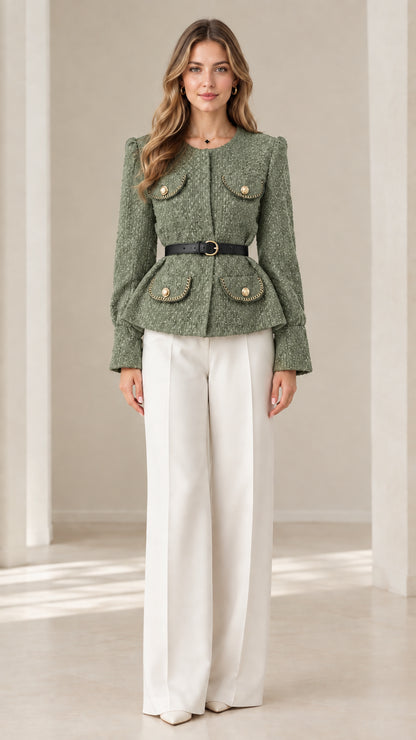 Front view of model wearing sage green textured tweed belted jacket