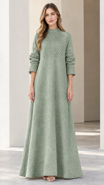 Front view of sage green long sleeve mock neck A-line maxi dress