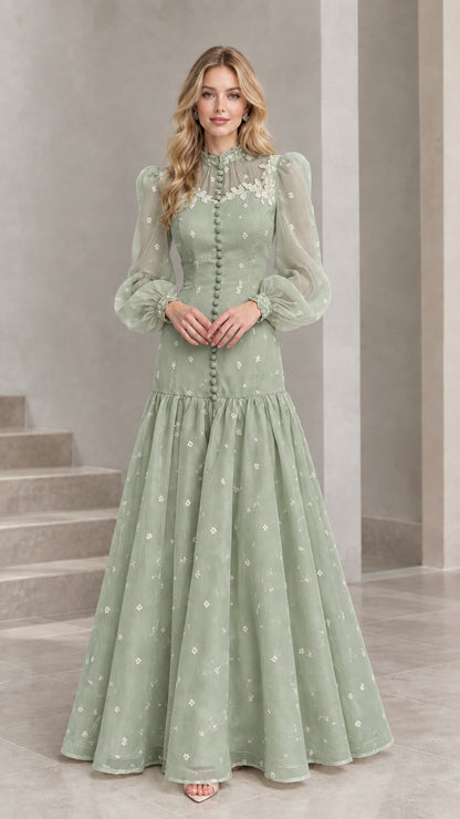 Full-length front view of Sage Green Victorian-inspired formal maxi dress