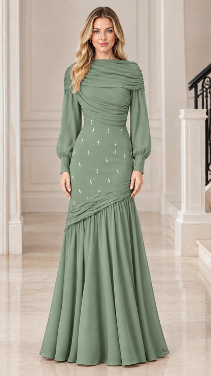 Model wearing Sage Green long sleeve draped evening dress with pleated skirt