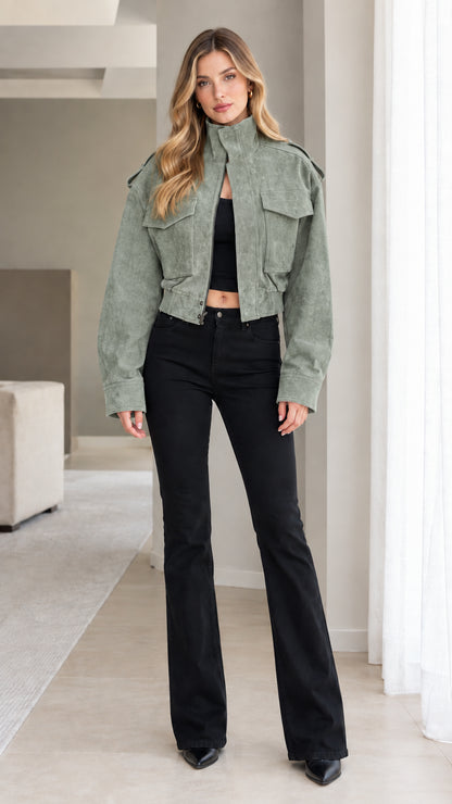 Model wearing Sage Green cropped utility jacket with shoulder epaulets
