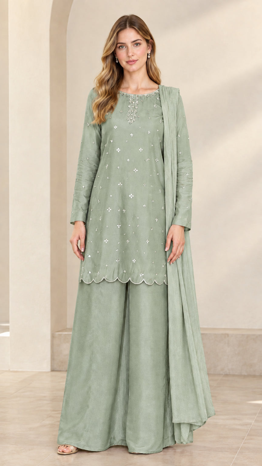 Full-length front view of sage green embroidered 3-piece palazzo suit