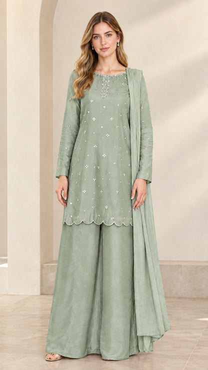 Full-length front view of sage green embroidered 3-piece palazzo suit