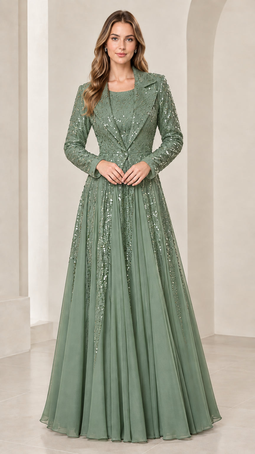 Sage green sequin formal evening dress set with jacket