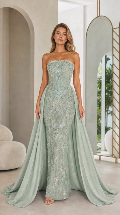 Sage green variant of strapless beaded mermaid evening gown with overskirt