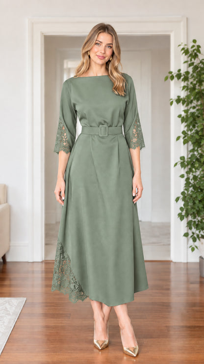 Front full-length view of woman wearing sage green lace trim belted midi dress