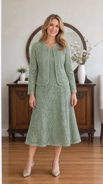 Full front view of model wearing the Sage Green floral lace dress and jacket set