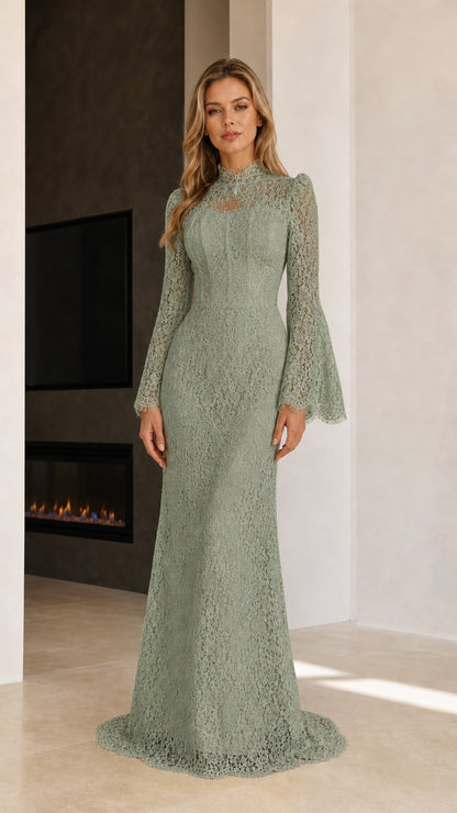 Sage green high neck lace evening gown with bell sleeves