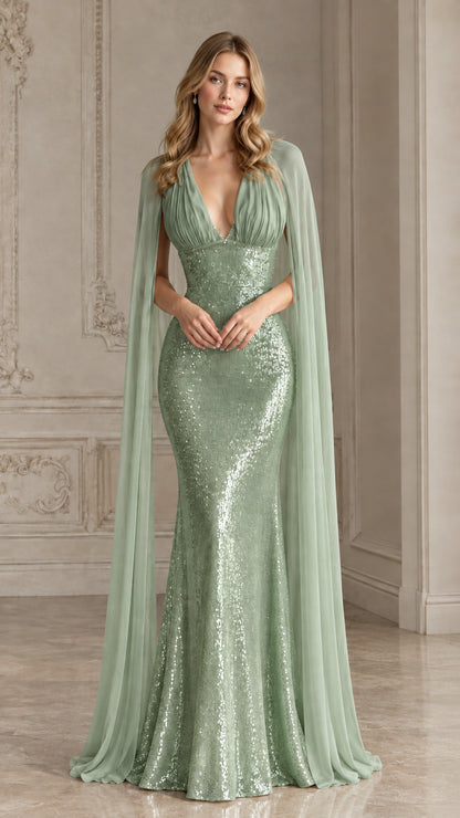 Sage green sequin evening dress with flowing chiffon cape sleeves