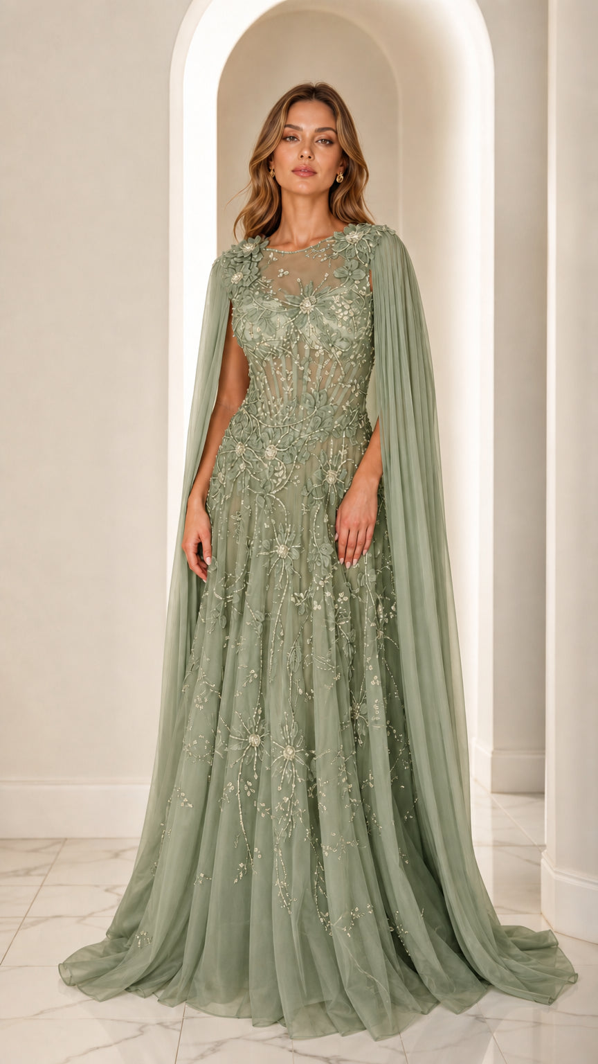 Sage green embroidered cape evening dress for formal occasions
