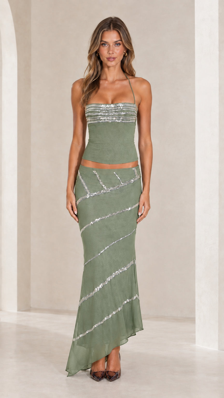 Sage green two-piece halter top and sequin-striped maxi skirt set