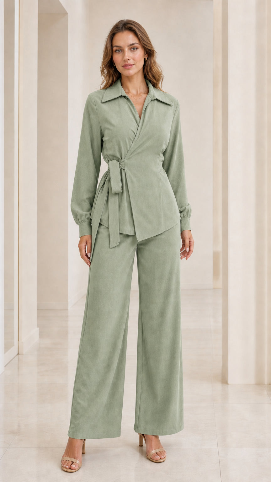 Front view of woman wearing sage green wrap blouse and wide-leg trousers