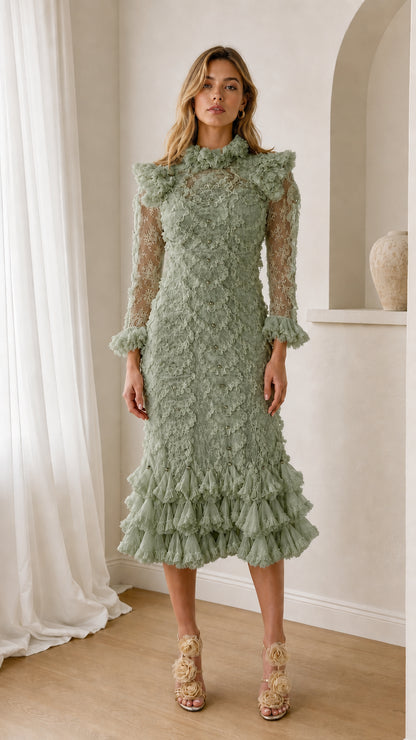 Front view of sage green ruffled lace midi dress