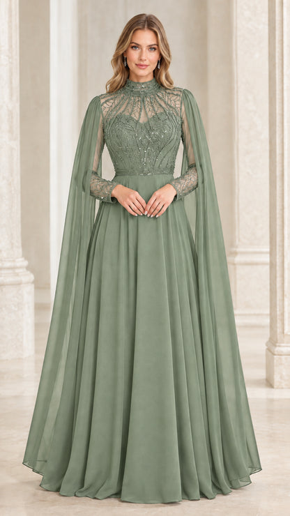 Front view of sage green cape sleeve beaded evening gown