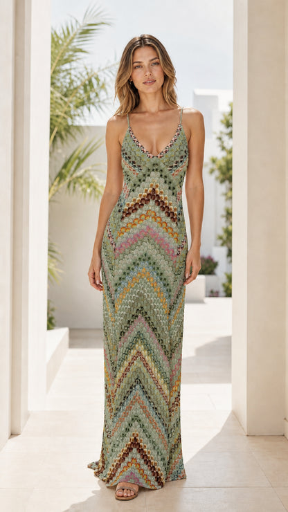 Model wearing green multi-color chevron knit maxi dress, front view