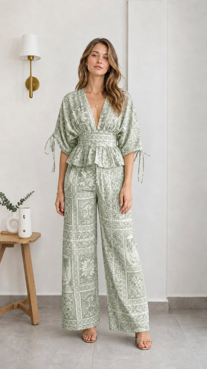 Model wearing sage green printed two-piece set
