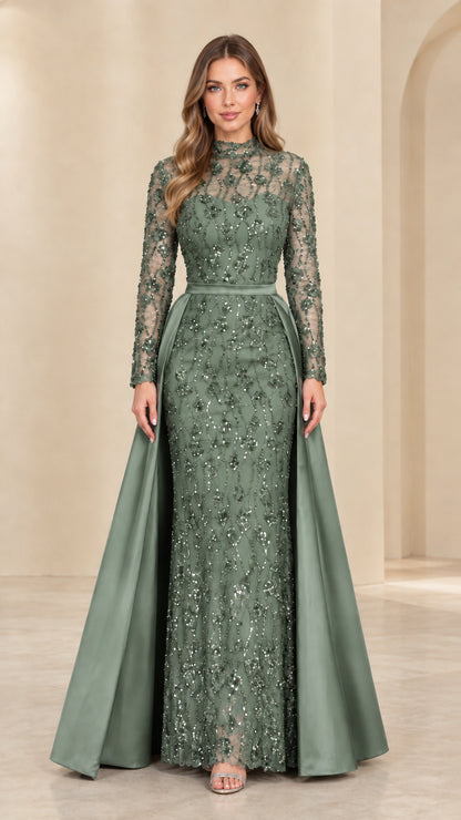 Front view of model in Sage Green sequined long sleeve gown with satin overskirt