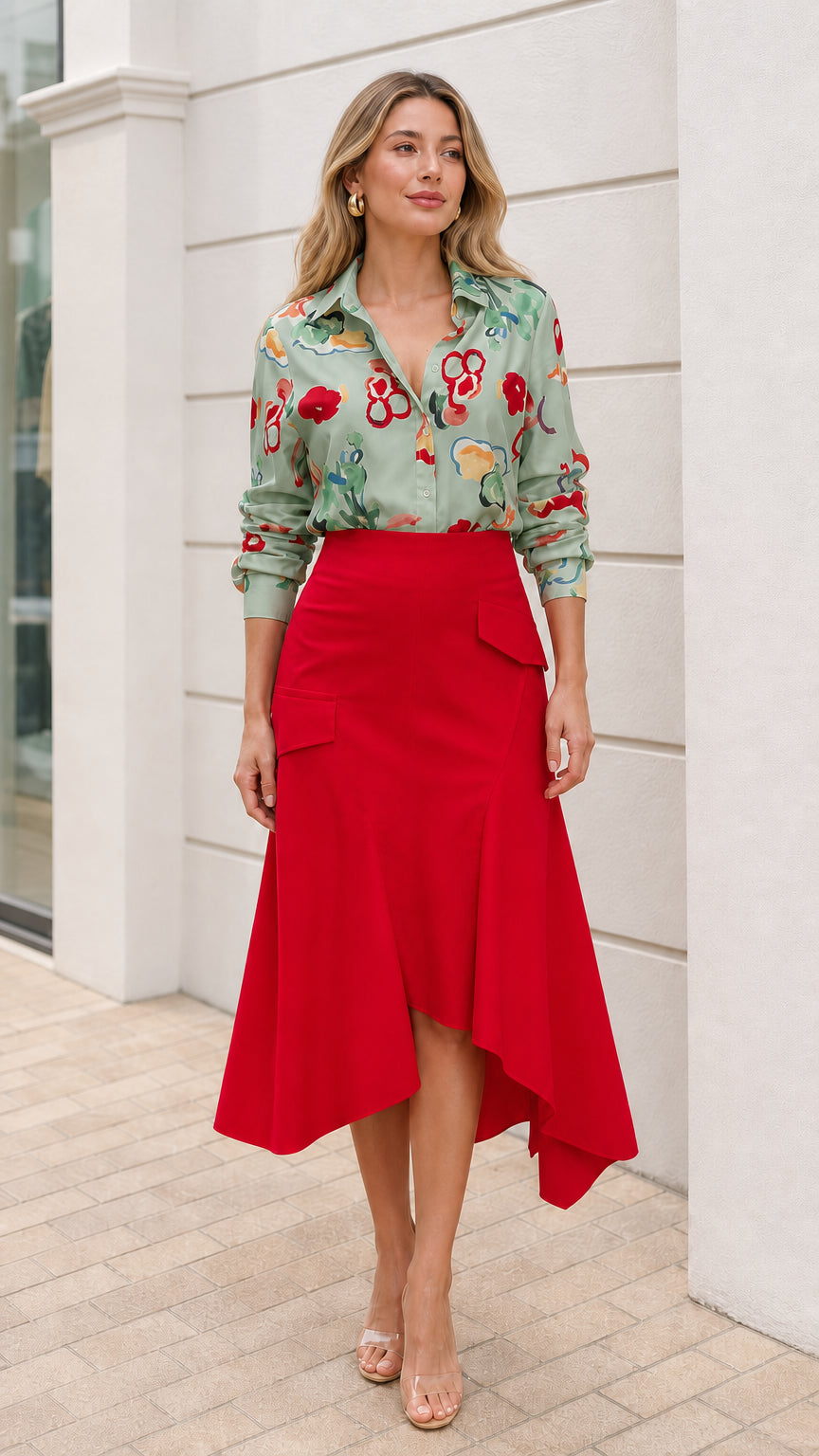 Model wearing green floral button down shirt and red asymmetric midi skirt