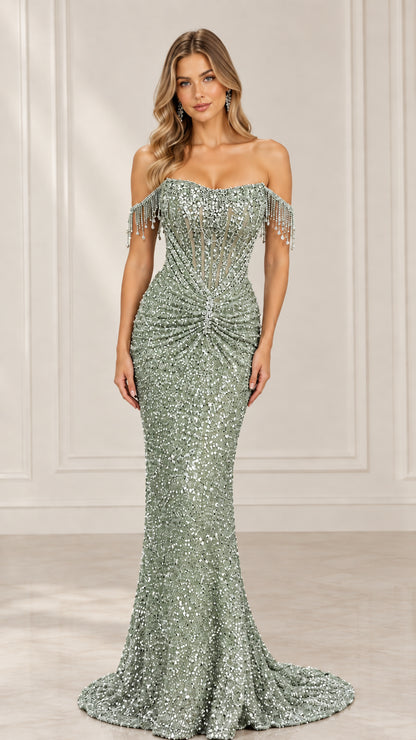 Full front view of sage green off-shoulder sequin mermaid gown with bead detailing