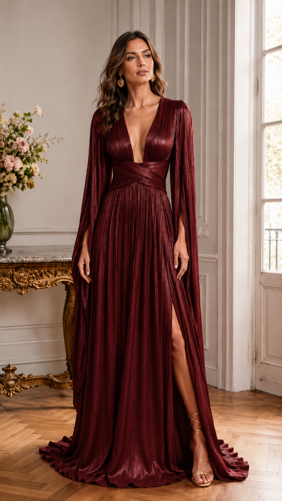 Front view of burgundy pleated maxi gown with wrapped waist and thigh slit
