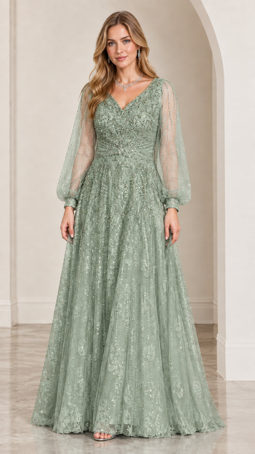 Model wearing Sage Green embroidered V-neck formal gala gown