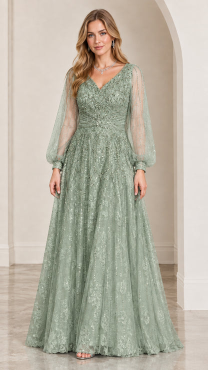 Model wearing Sage Green embroidered V-neck formal gala gown