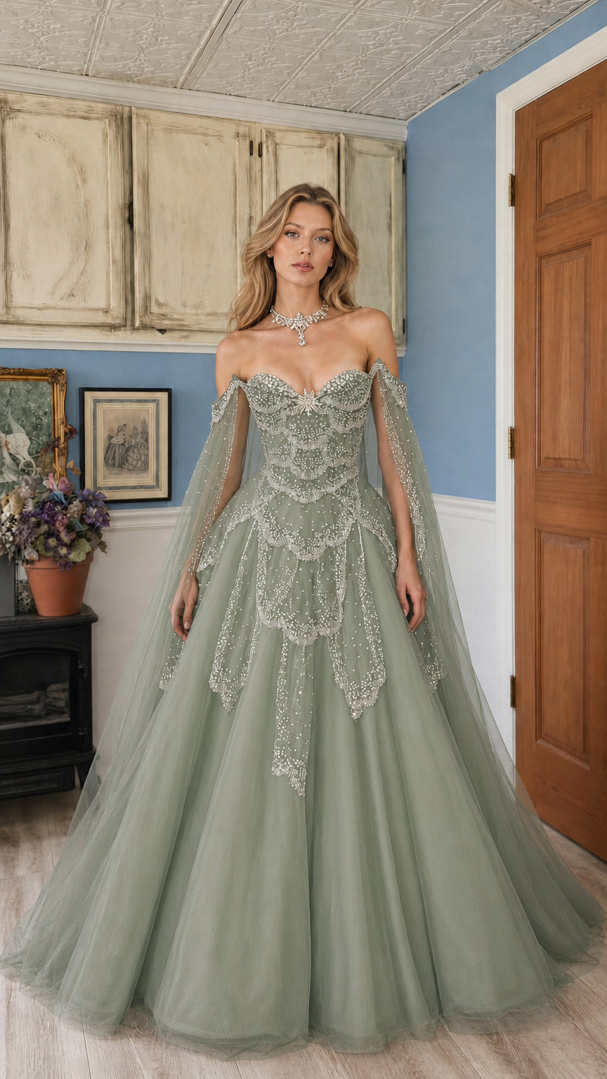 Sage green beaded sweetheart ball gown with draped illusion sleeves