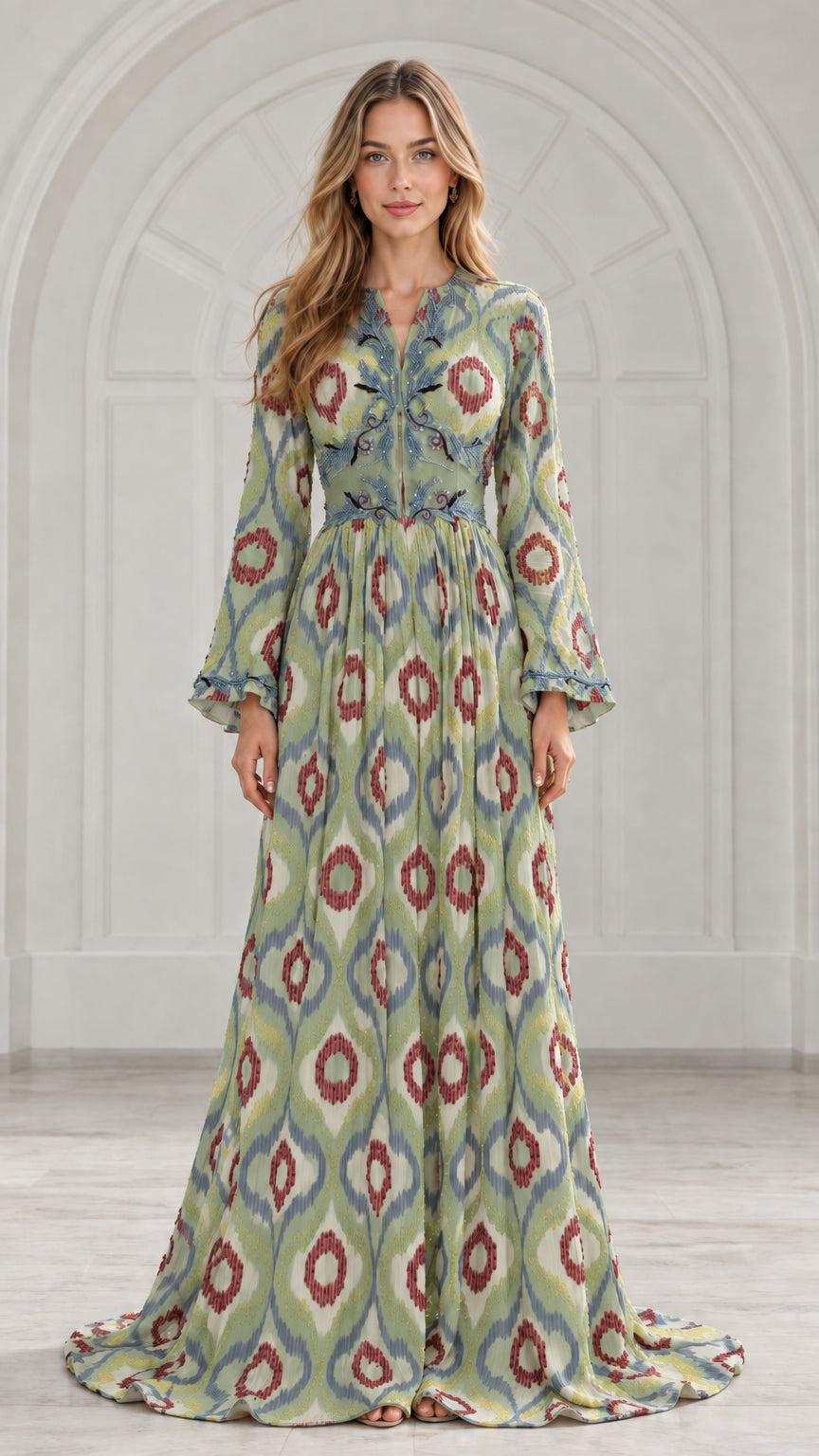 Front view of model wearing sage green ikat print pleated maxi dress