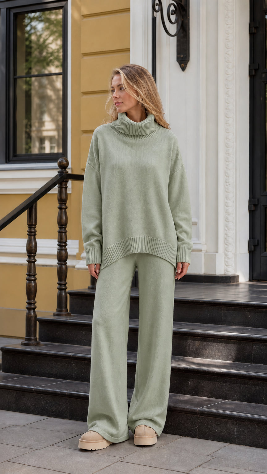 Model wearing sage green oversized turtleneck sweater and matching lounge pants