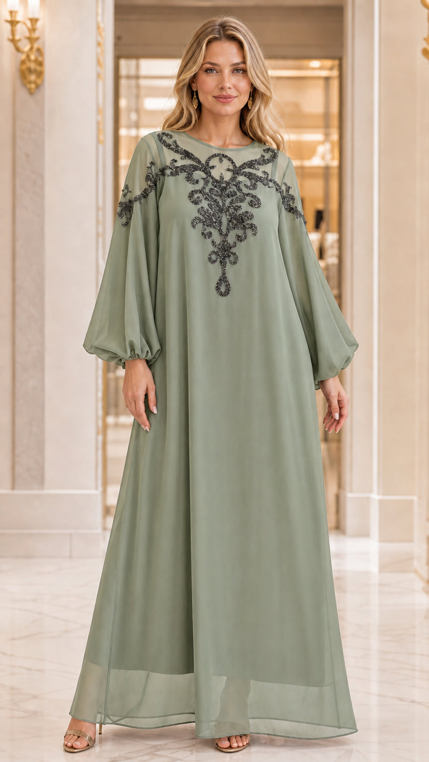Full-length front view of woman wearing Sage Green beaded chiffon evening dress