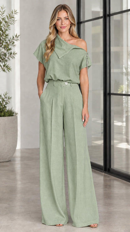 Sage Green asymmetric one-shoulder pant set
