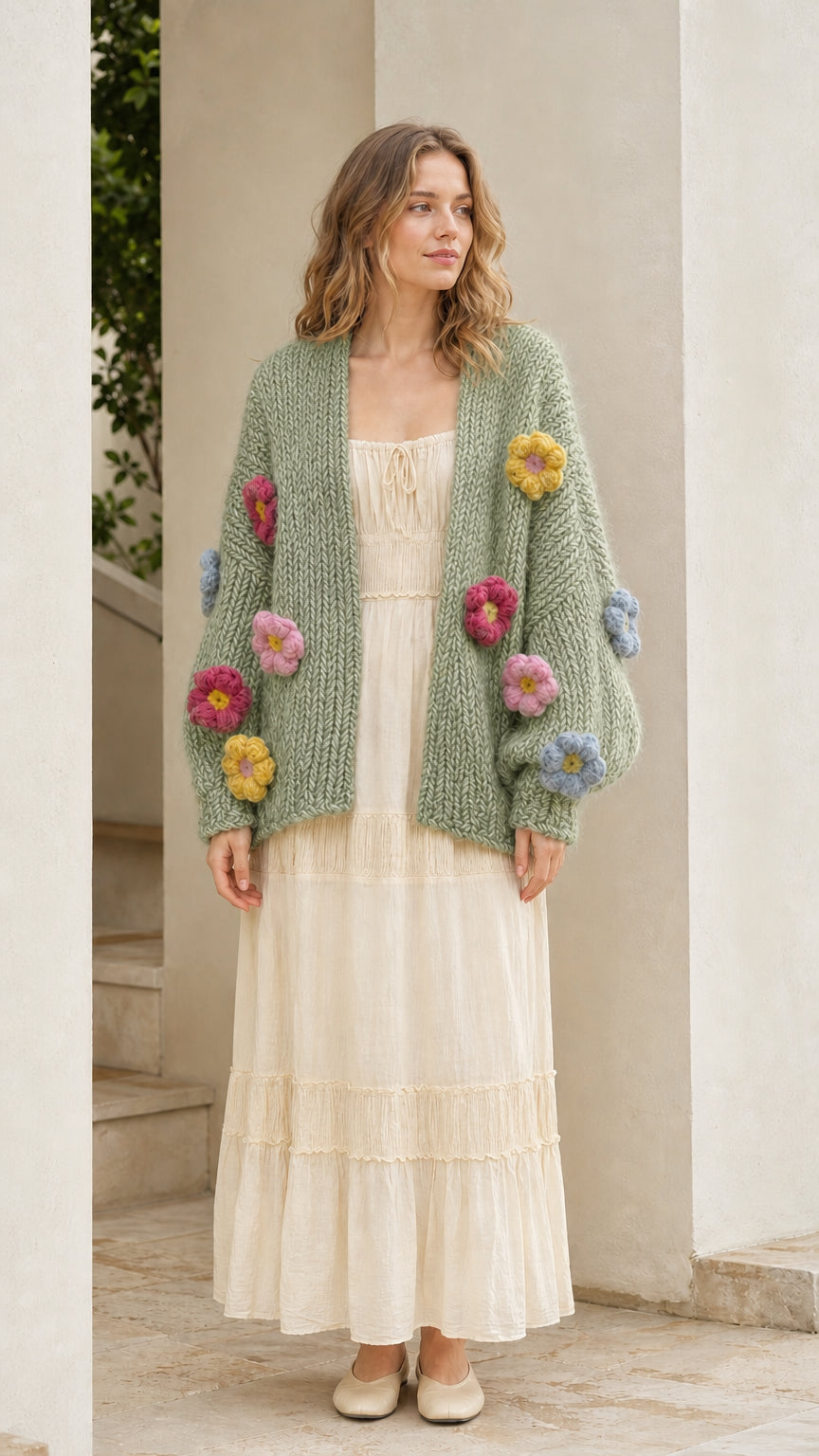 Model wearing sage green chunky knit floral cardigan