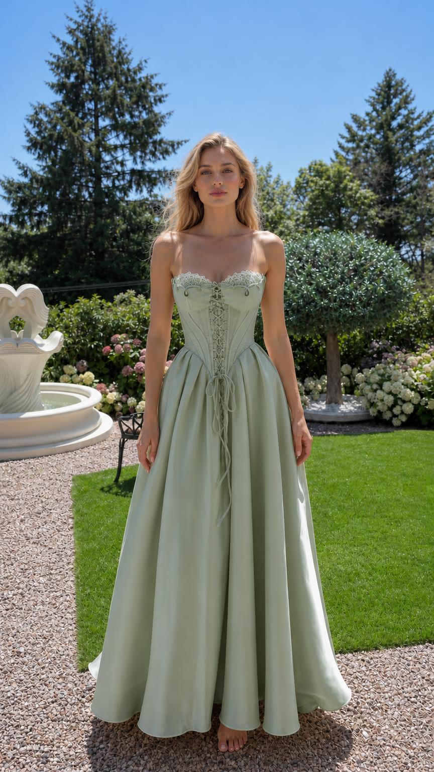 Front view of sage green corset maxi dress