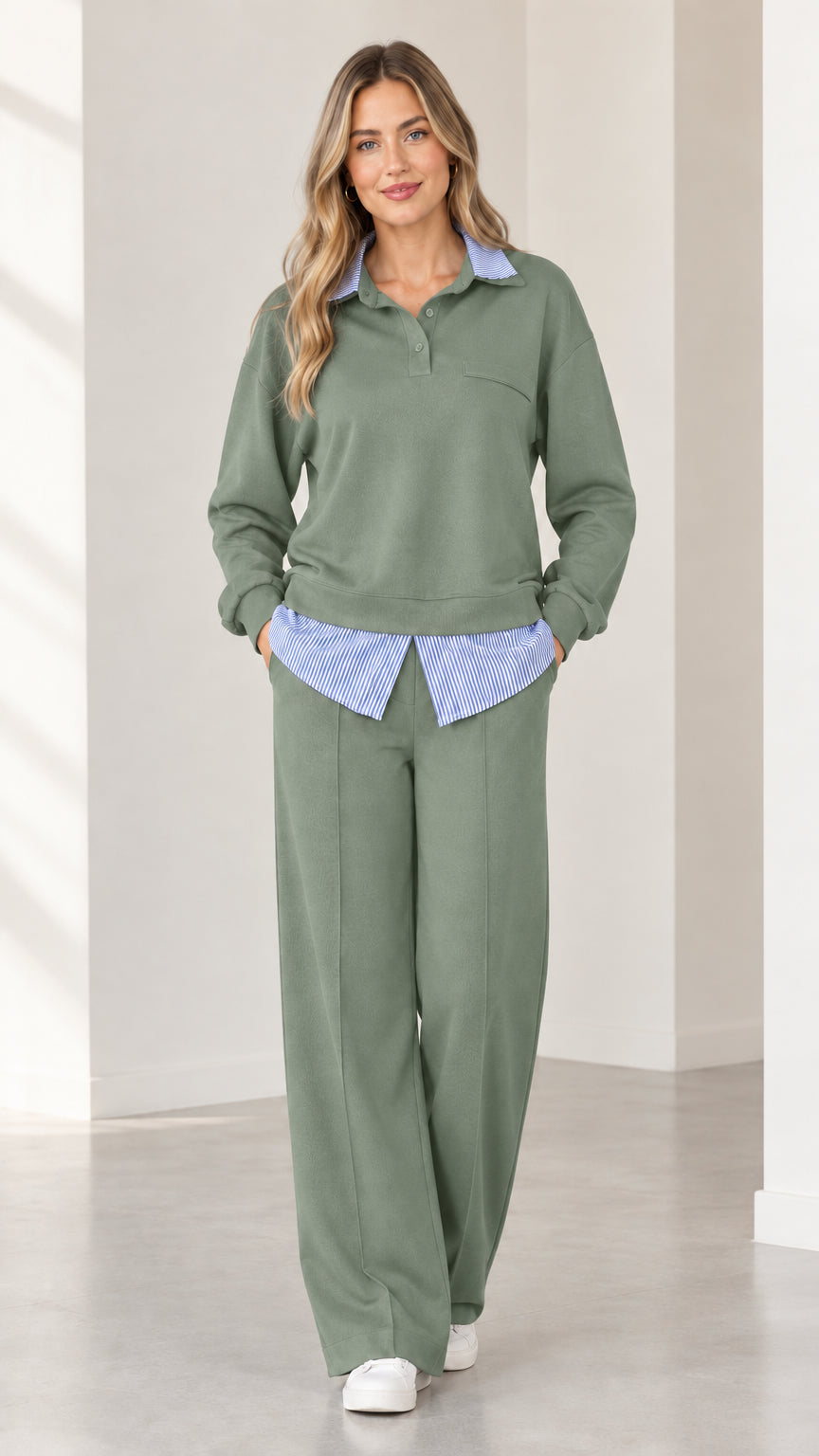 Full-body view of woman wearing sage green 2-piece layered collared sweat suit