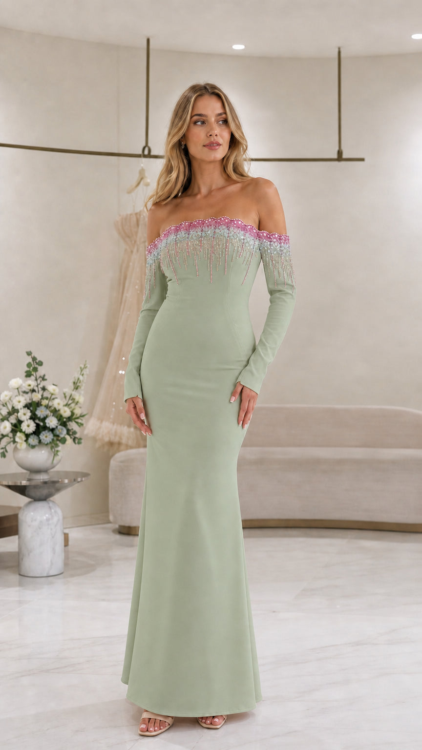 Sage Green off-the-shoulder long sleeve formal maxi dress with beadwork
