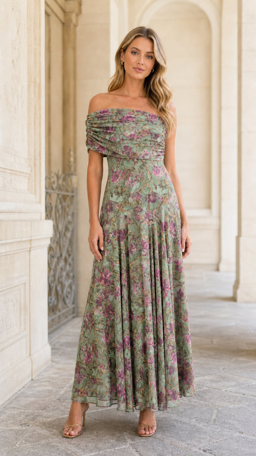 Model wearing sage floral variant of the maxi dress
