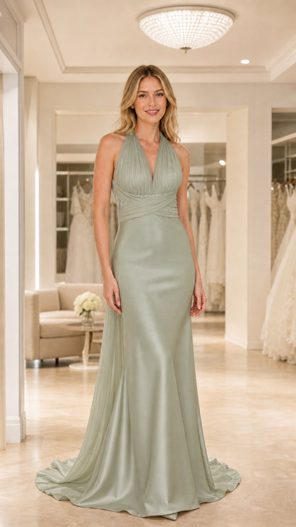 Full-length view of Sage Green halter pleated satin bridesmaid dress