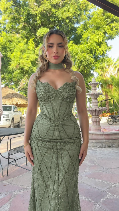 Sage green strapless beaded corset mermaid formal gown with choker