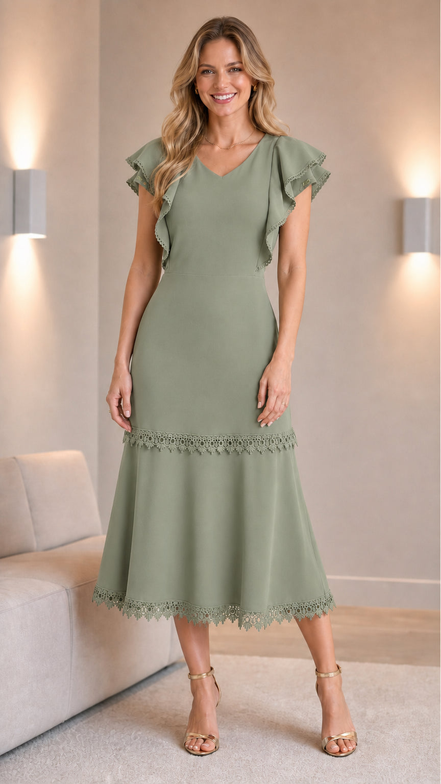Woman wearing sage green V-neck ruffle sleeve midi dress