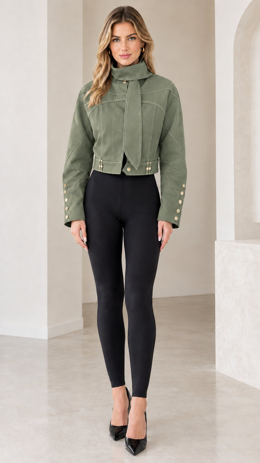 Front full view of Sage Green cropped high-neck jacket with contrast stitch details